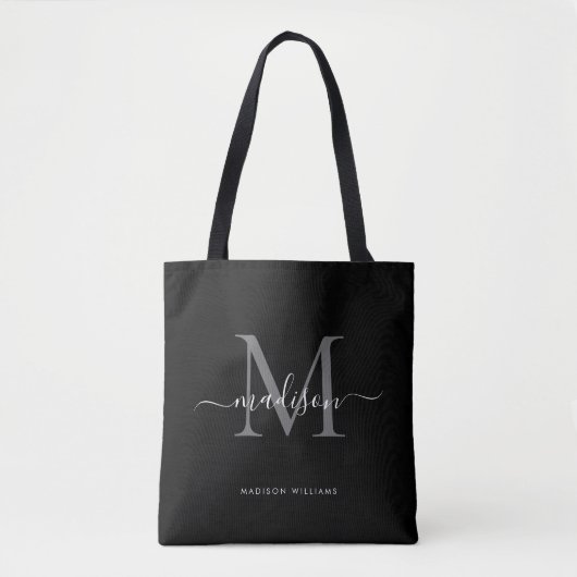 Tote Bag Monogramme gris argenté noir Nom initial du script (Devant)