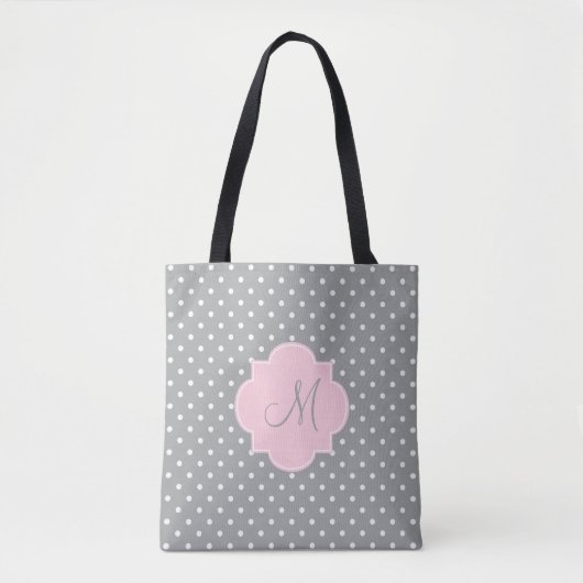 Tote Bag Monogramme Gris, Blanc et Pastel Pink Polka Dot (Devant)