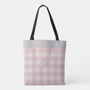 Tote Bag Monogramme gris rose doux En vichy Plaid