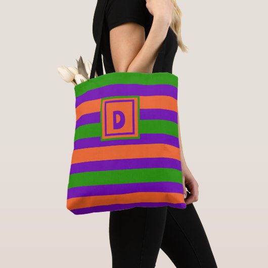 Tote Bag Monogramme Halloween violet orange et vert (De près)