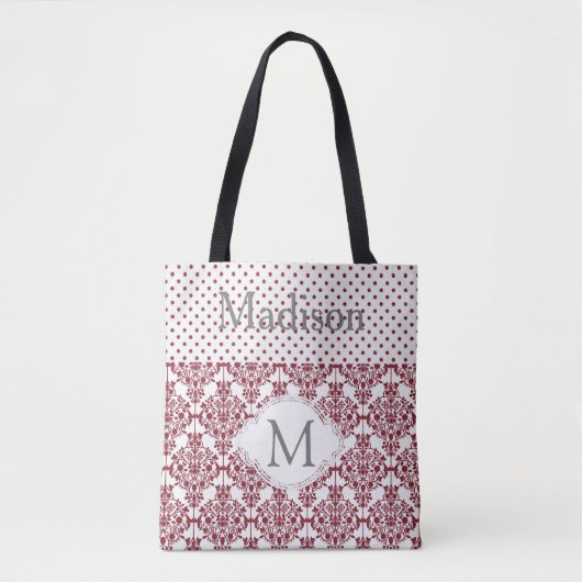 Tote Bag Monogramme initial à la mode Maroon et White Girly (Devant)