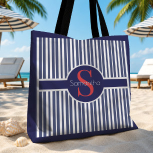 Tote Bag Monogramme initial à rayures bleu marine rouge élé