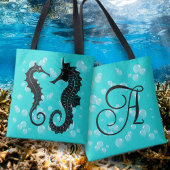 Tote Bag Monogramme initial des hippocampes noirs