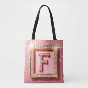 Tote Bag Monogramme initial F diamant pailleté rose cadre o