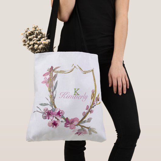 Tote Bag Monogramme initial floral de fleurs de cerisier ro (De près)