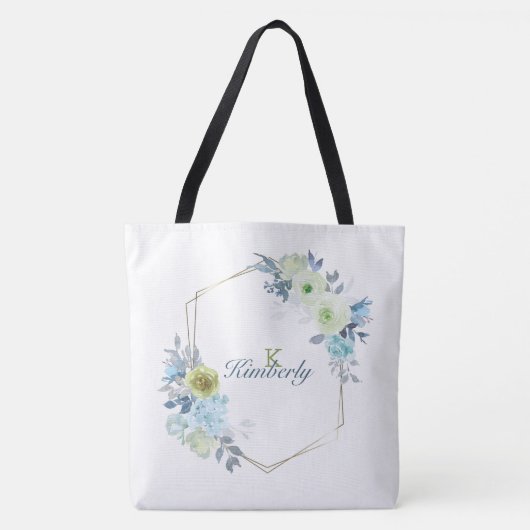 Tote Bag Monogramme Initial Floral Jaune Bleu Clair Vert (Devant)