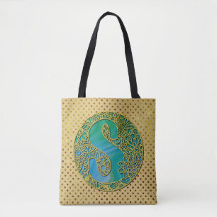 Tote Bag Monogramme Initial Moderne Lettre Dorée et Turquoi