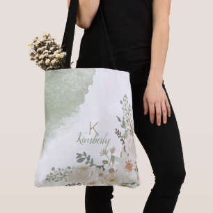 Tote Bag Monogramme Initial Nom Élégant Fleurs Blanches