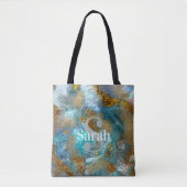 Tote Bag Monogramme Initial Nom Marbre Sarcelle Or Abstrait (Devant)