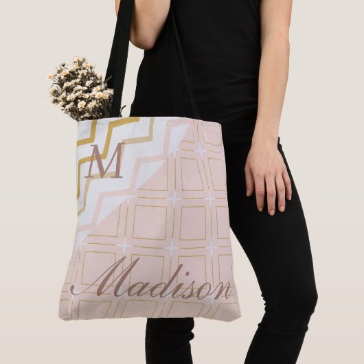 Tote Bag Monogramme Initial Nom Tendance Géométrique Pêche (De près)