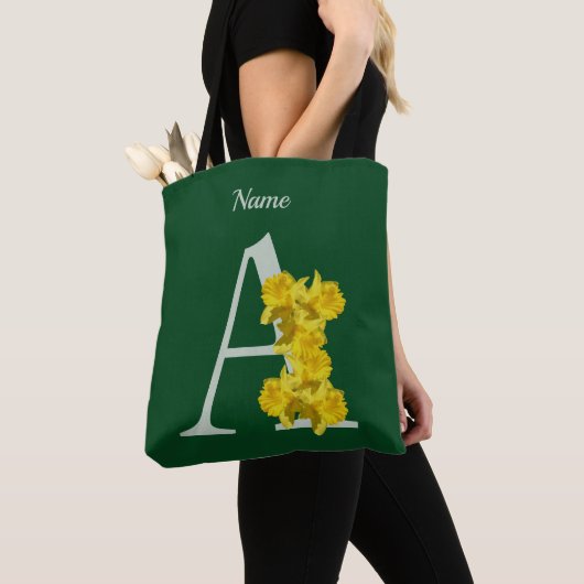 Tote Bag Monogramme initiale A jonquille personnalisé (De près)