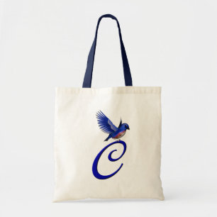 Tote Bag Monogramme Initiale C Élégant Oiseau Bleu