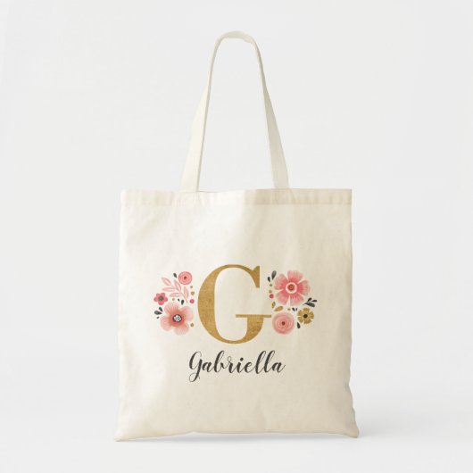 Tote Bag Monogramme Initiale Nom Fleur Rose Tendance Or (Devant)