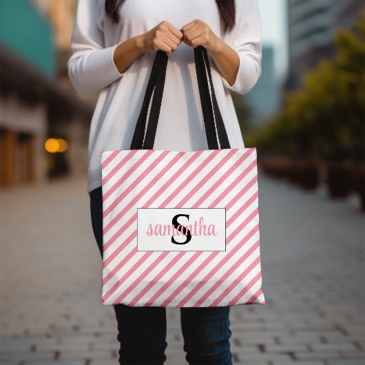 Tote Bag Monogramme Initiale Nom Rose et Blanc