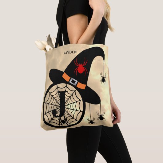 Tote Bag Monogramme J Cloudy Sorcière Araignées Nom Tout-En (De près)