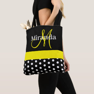 Tote Bag Monogramme jaune noir avec Pois blancs