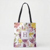 Tote Bag Monogramme joli en aquarelle florale bordeaux (Devant)