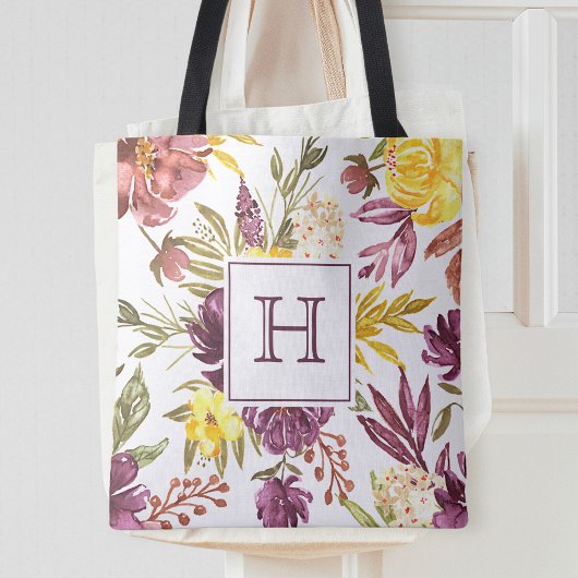 Tote Bag Monogramme joli en aquarelle florale bordeaux
