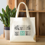 Tote Bag Monogramme - Jusqu'à 5 photos Turquoise<br><div class="desc">Vous pouvez utiliser des photos carrés ou selfies pour cette conception. Utilisez cinq photos carrés pour créer un cadeau unique et personnel. Ou vous pouvez garder le chiot hipster et faire un gardien branché. Si vous avez besoin d'ajuster les images,  cliquez sur l'outil personnaliser pour apporter des modifications.</div>