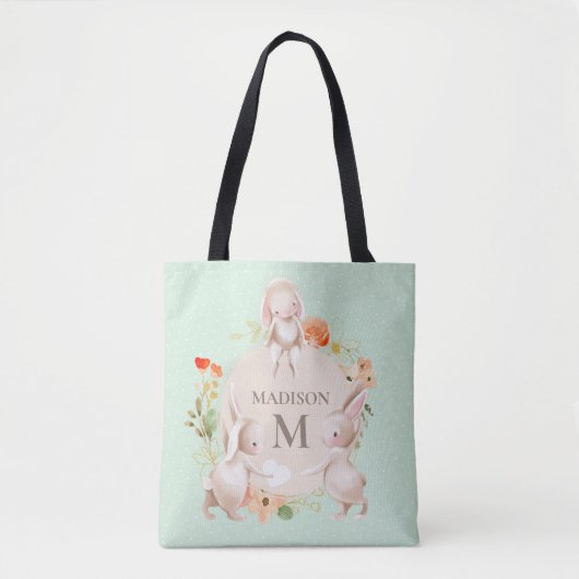 Tote Bag Monogramme Lapin lapins Floral Pâques Personnalisé (Devant)