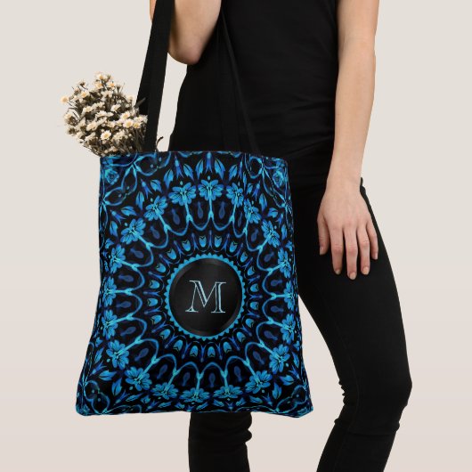 Tote Bag Monogramme Mandala Floral Bleu (De près)