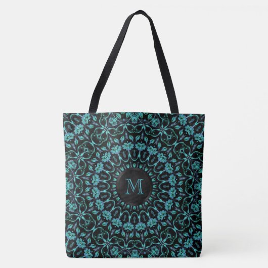 Tote Bag Monogramme Mandala Floral Sarcelle (Devant)