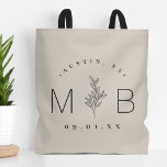 Tote Bag Monogramme Mariage de tige florale rustique | Beig<br><div class="desc">Des sacs fourre-tout imprimés sur mesure rendent le mariage amusant et fonctionnel pour vos invités. Personnalisez le modèle avec les noms de la mariée et du marié ou les initiales monographiques. Ajoutez votre date de mariage, le nom de la ville, de l'état ou du lieu ou tout autre texte personnalisé....</div>