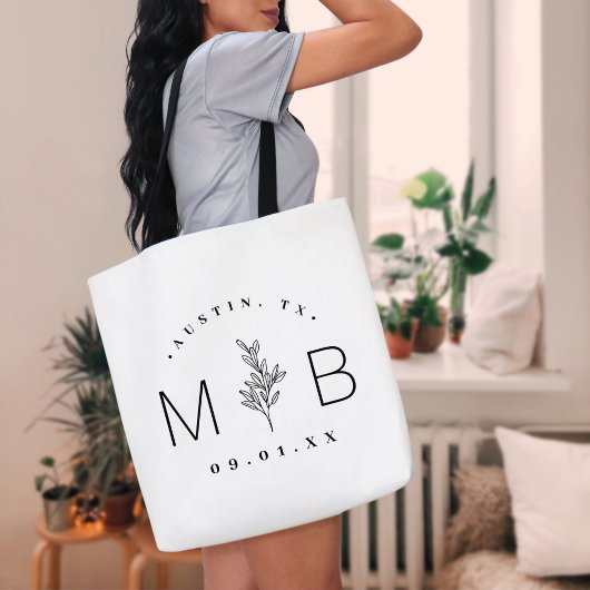Tote Bag Monogramme Mariage de tige florale rustique | Blan
