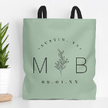 Tote Bag Monogramme Mariage de tige florale rustique | Sage<br><div class="desc">Des sacs fourre-tout imprimés sur mesure rendent le mariage amusant et fonctionnel pour vos invités. Personnalisez le modèle avec les noms de la mariée et du marié ou les initiales monographiques. Ajoutez votre date de mariage, le nom de la ville, de l'état ou du lieu ou tout autre texte personnalisé....</div>