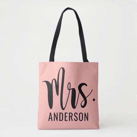 Tote Bag Monogramme Mariage moderne Mme Pink Black Script (Devant)