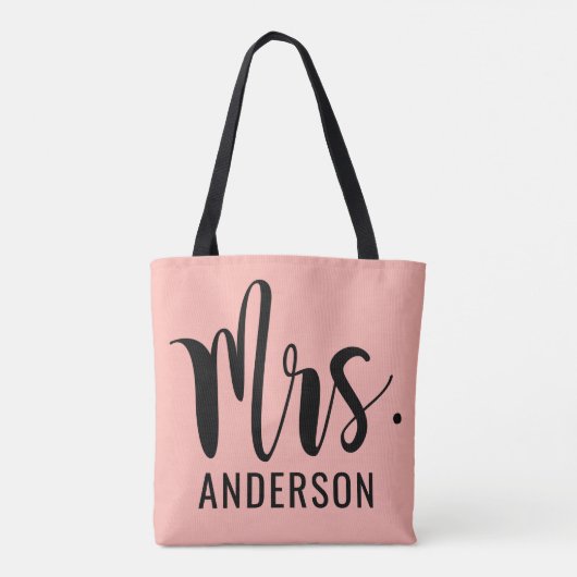 Tote Bag Monogramme Mariage moderne Mme Pink Black Script (Dos)