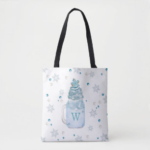 Tote Bag Monogramme Mason Jar Milkshake Blue Snowflake