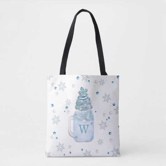 Tote Bag Monogramme Mason Jar Milkshake Blue Snowflake (Devant)