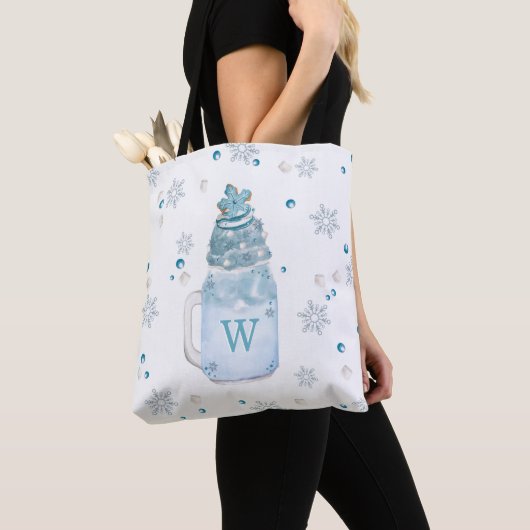 Tote Bag Monogramme Mason Jar Milkshake Blue Snowflake (De près)