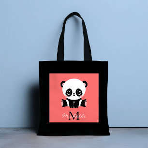 Tote Bag Monogramme mignon panda assis saumon personnalisé
