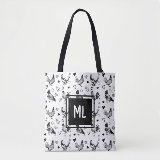 Tote Bag Monogramme mignon poulets de dessin en noir et bla (Devant)