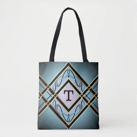 Tote Bag Monogramme moderne Art déco bleu élégant (Devant)