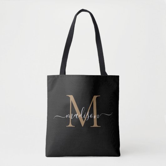 Tote Bag Monogramme moderne Black Gold Girinine Script fémi (Devant)