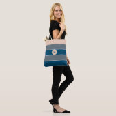 Tote Bag Monogramme moderne chic rayé pêche gris bleu  (Sur le modèle)