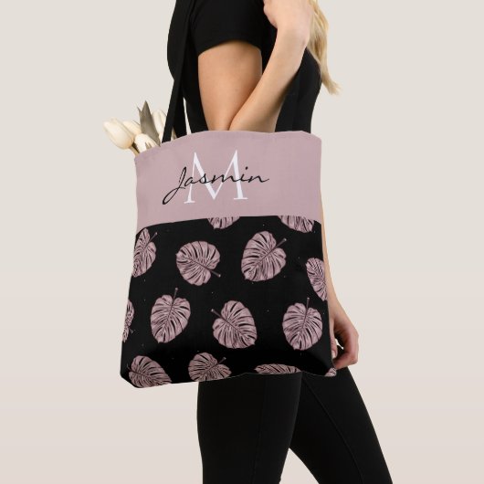 Tote Bag Monogramme Moderne de Feuille Tropicale Rose Pâle (De près)