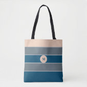 Tote Bag Monogramme Moderne Élégant Rayé Bleu Gris Pêche  (Devant)