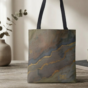 Tote Bag Monogramme Moderne en Bronze et Ardoise Abstraite