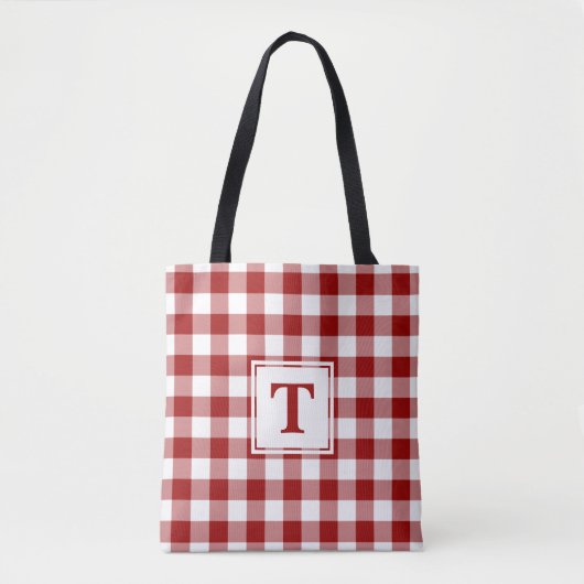 Tote Bag Monogramme moderne En vichy rouge et blanc Motif (Devant)