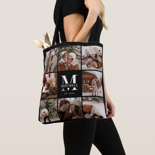 Tote Bag Monogramme moderne et collage photo personnalisé (De près)