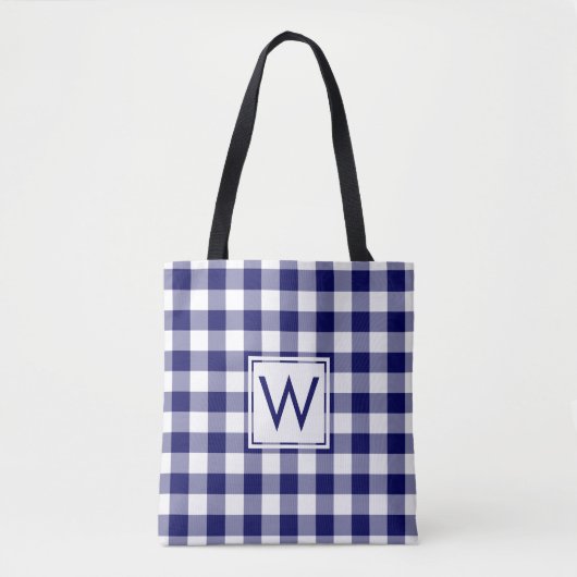 Tote Bag Monogramme moderne Motif bleu et blanc En vichy (Devant)