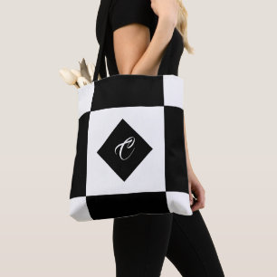 Tote Bag Monogramme moderne noir et blanc À damiers