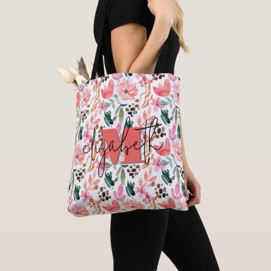 Tote Bag Monogramme moderne Nom Floral rose (De près)