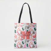 Tote Bag Monogramme moderne Nom Floral rose (Devant)