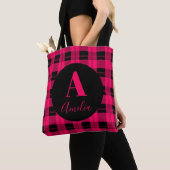Tote Bag Monogramme moderne Plaid Hot Pink Noir (De près)
