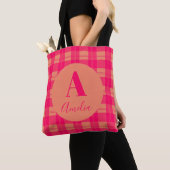Tote Bag Monogramme moderne Plaid Hot Pink Orange (De près)
